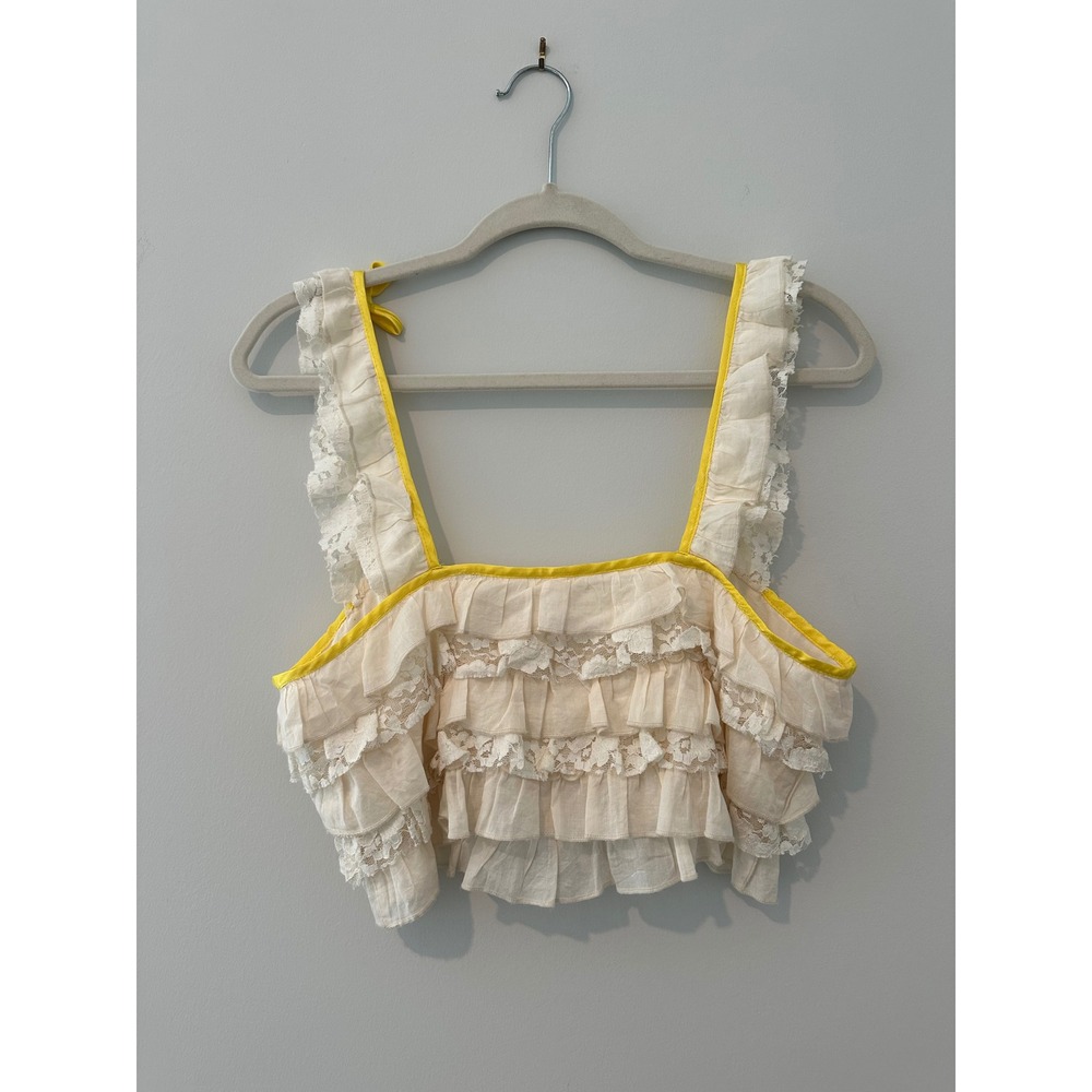 Kimchi Blue Cream Ruffle Lace Crop Tank Top with Yellow Trim and Bows - Picture 4 of 6